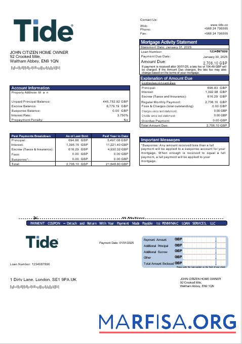 Realistic United Kingdom Tide bank mortgage statement in Word and PDF formats template